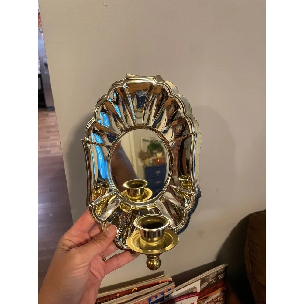 Vintage Scalloped Mirror Wall Sconce Taper Candle Holder Reflective